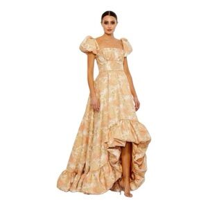 Mac Duggal 68276 Orange Floral Print Puff Sleeve High Low Brocade Gown NEW